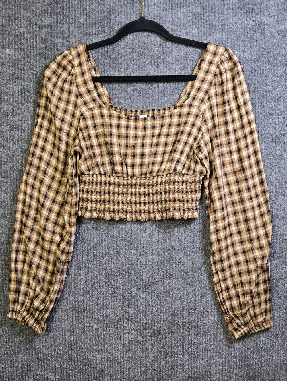 BP Top Womens XS Brown Plaid Cropped Puff Sleeve Smocked Peasant Academia